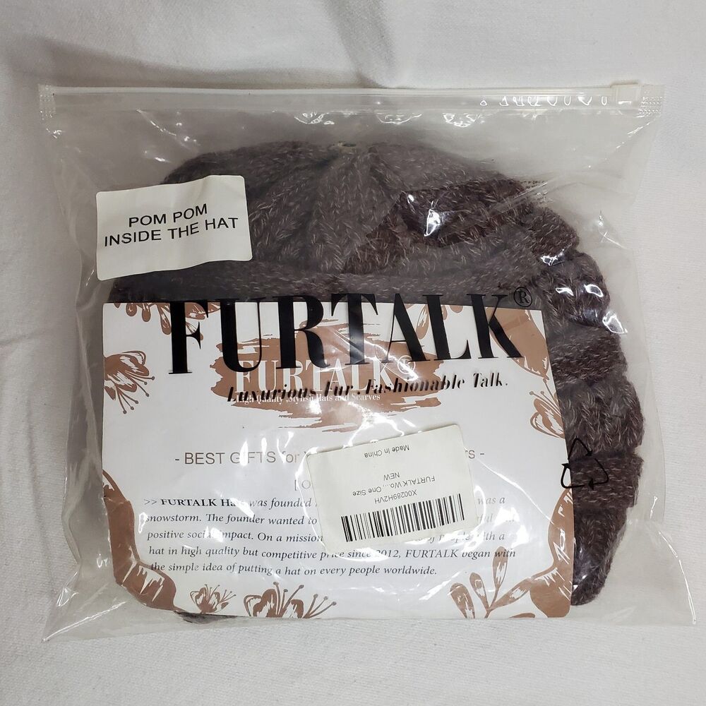 FURTALK Womens Winter Knitted Brown Beanie Hat with Faux Fur Pom Knit Cap